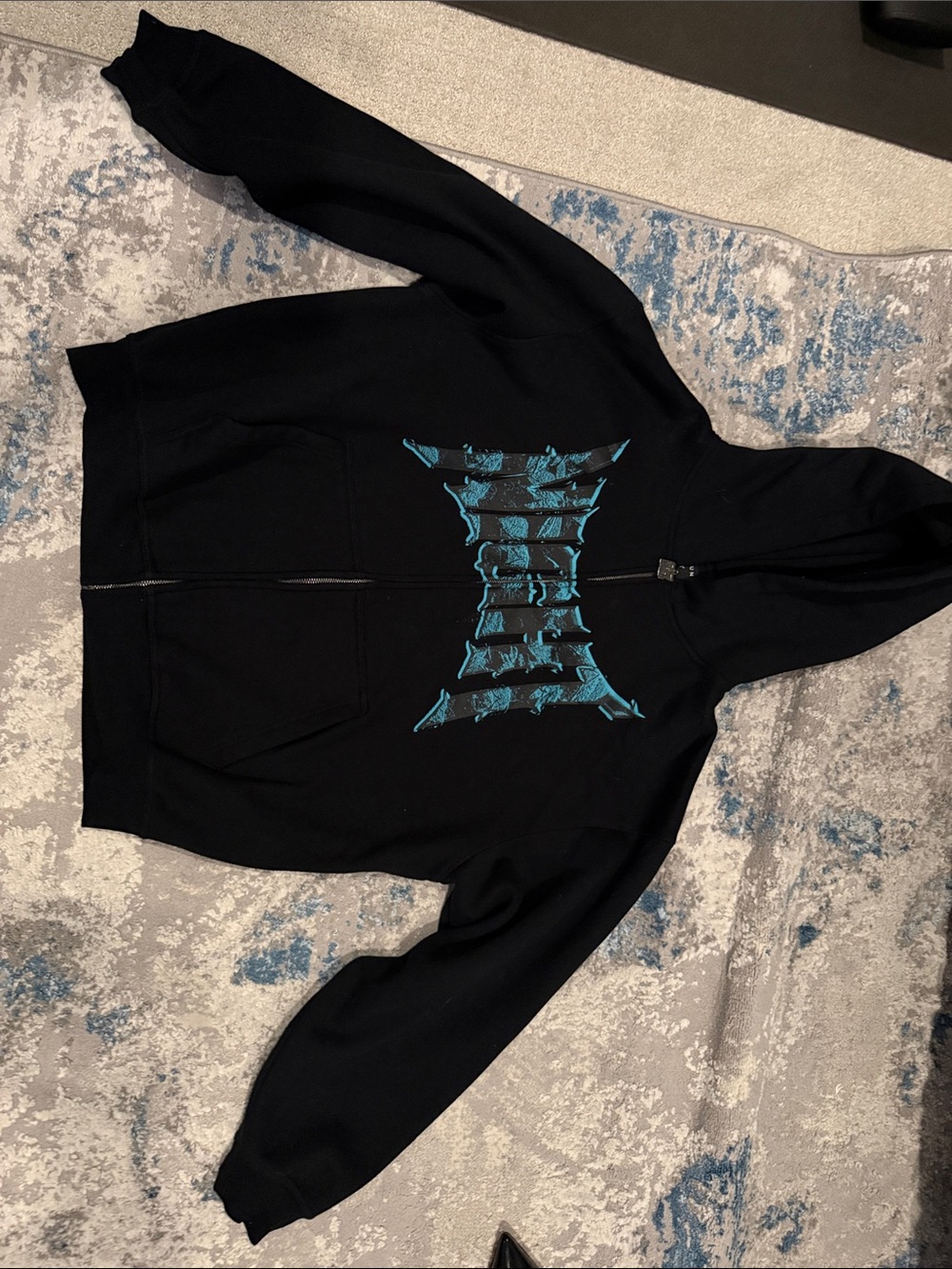 PacSun Black Zip Hoodie with Teal Graphic